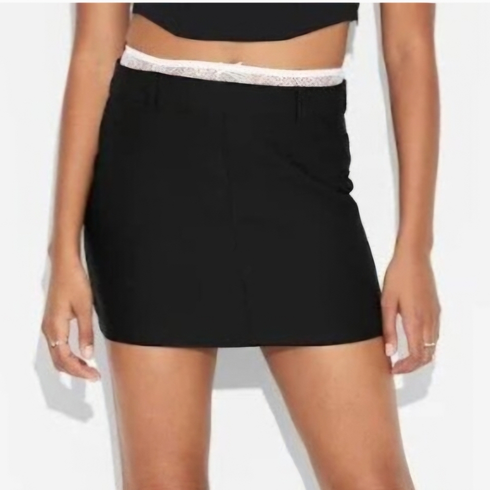 NWT Wild Fable Black Stretchy Mini Skirt With White Lace Waistband Size Large